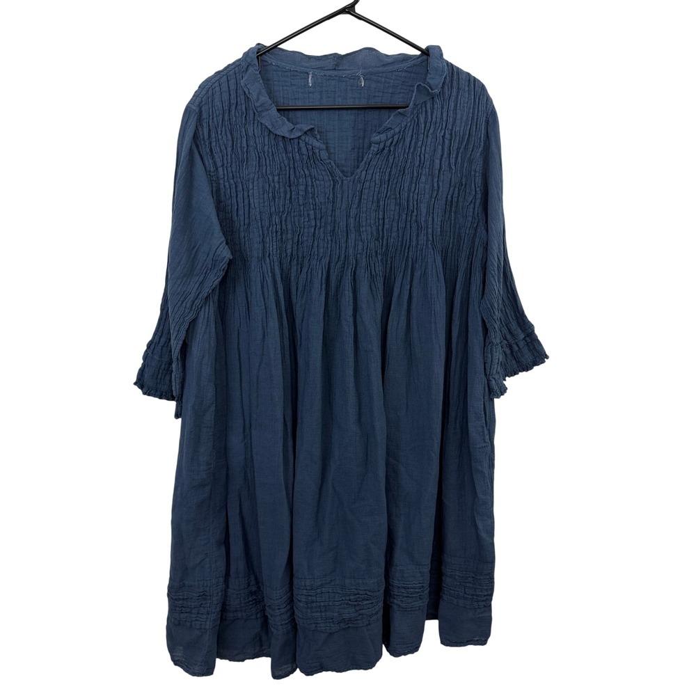 JP And Mattie Dress Womens M/L Blue Pintuck Crinkle Gauze Cotton Long Sleeve